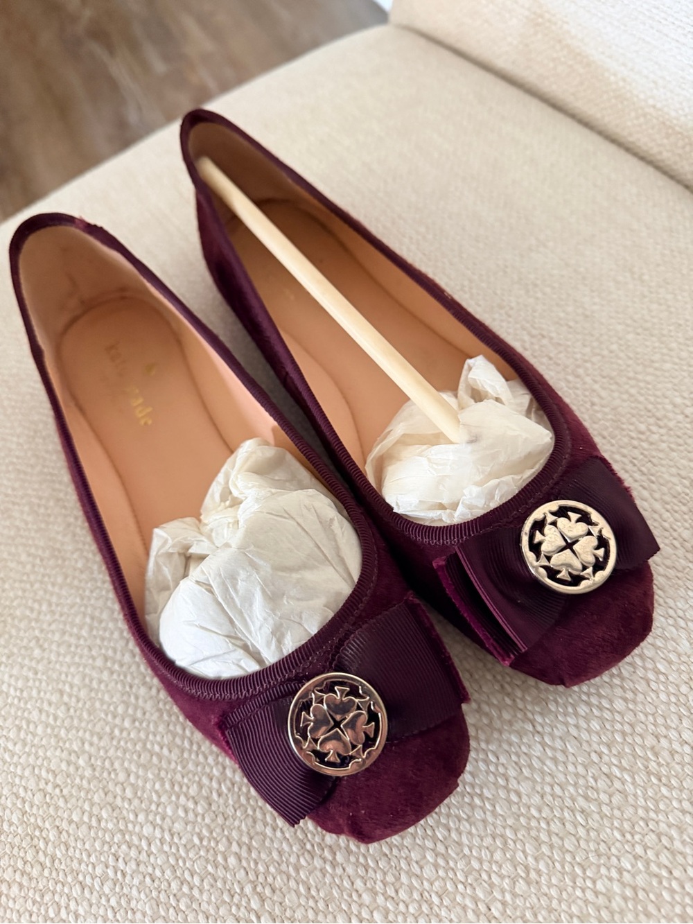kate spade Wine Suede Ballet Flats with Grosgrain Bow and Logo Medallion